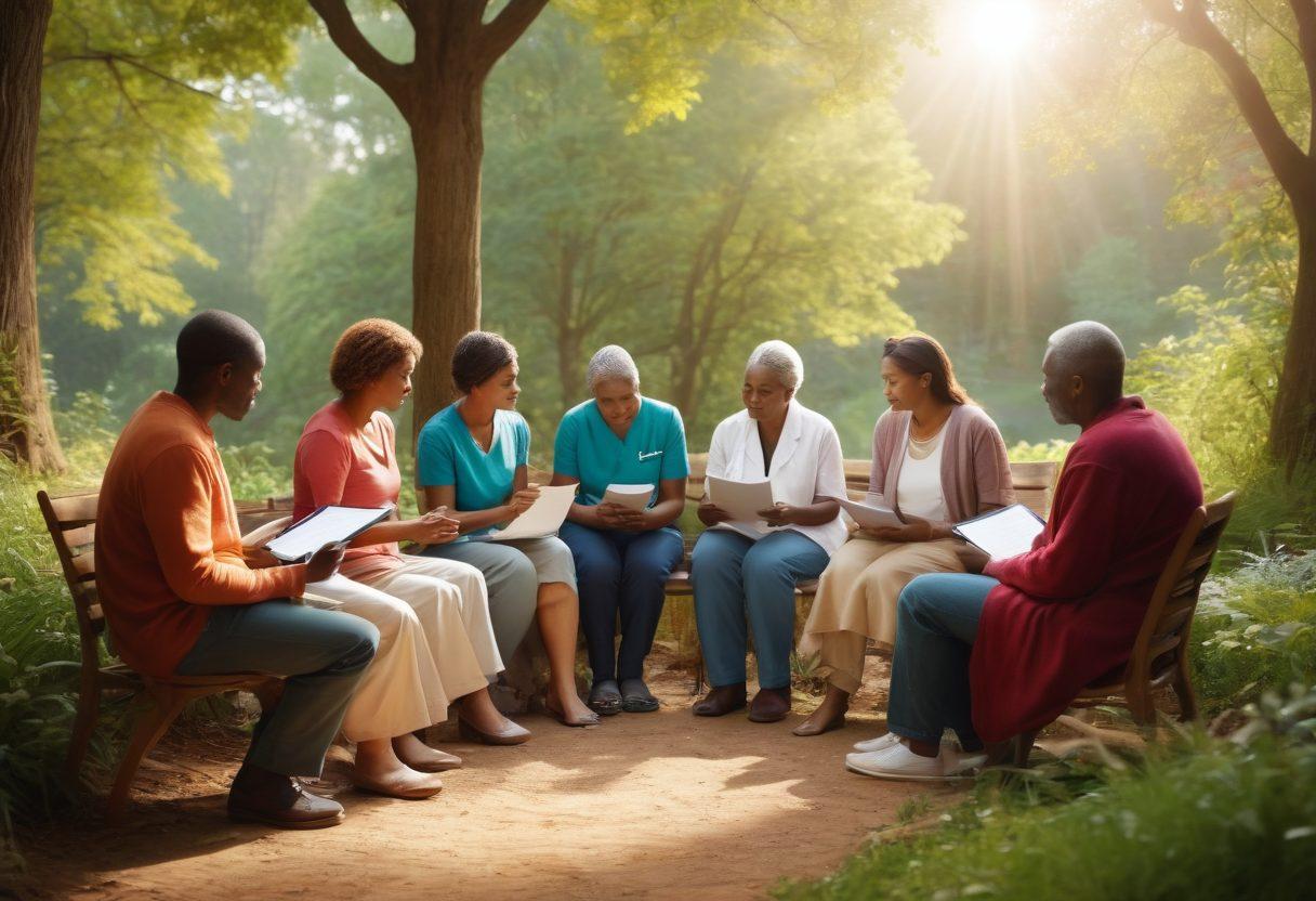 A compassionate healthcare scene featuring a diverse group of patients engaging in a support group, surrounded by educational materials like pamphlets and digital devices. Include a serene backdrop of nature to symbolize hope and healing. Emphasize the connections between patients and advocates, showcasing a warm and empowering atmosphere. super-realistic. vibrant colors. soft lighting.