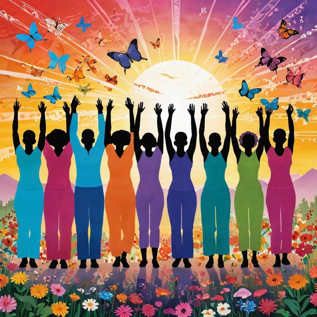 A hopeful and vibrant scene depicting a diverse group of cancer survivors, each radiating joy and strength, surrounded by symbols of innovative therapies like DNA strands and medical equipment. The backdrop showcases a bright sunrise, symbolizing new beginnings and triumph over adversity. Include elements of nature like flowers and butterflies to represent growth and resilience. Use warm colors to evoke feelings of inspiration and hope. super-realistic. vibrant colors. uplifting atmosphere.