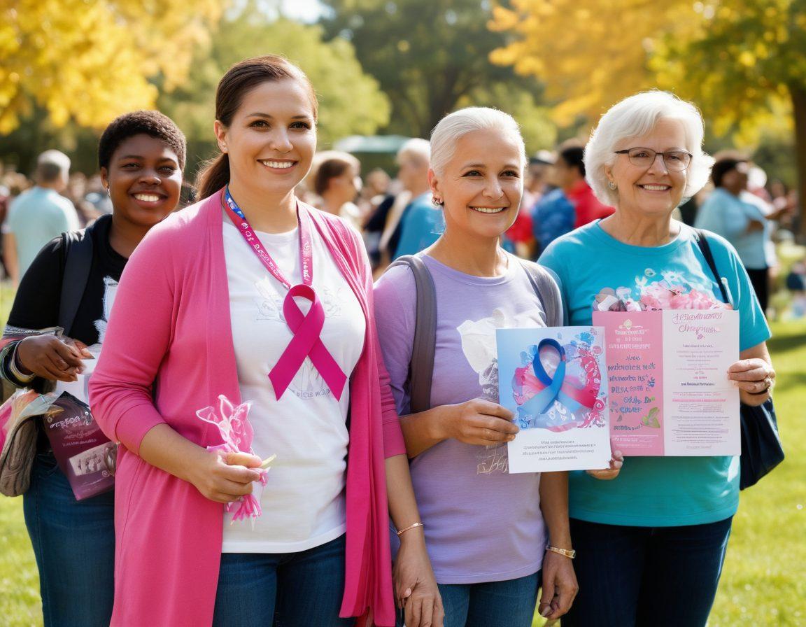 A vibrant community gathering featuring diverse individuals of different ages and backgrounds, engaging in conversations, sharing information, and holding supportive signs about cancer awareness. Incorporate symbols of hope such as ribbons and flowers, with a background of a sunny park setting to convey a sense of unity and support. Capture the essence of advocacy and education through posters and pamphlets. super-realistic. vibrant colors. warm atmosphere.